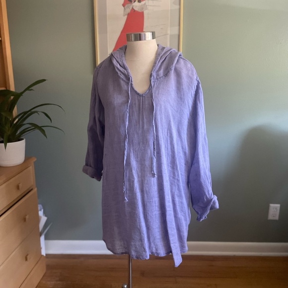 Flax Tops - FLAX light purple linen Tunic Long Sleeves drawstring hood large hi low cut
